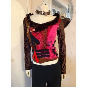 Rare Paramita Barcelona "Balance of Energies" Velvet Trimmed Pink & Brown Top S